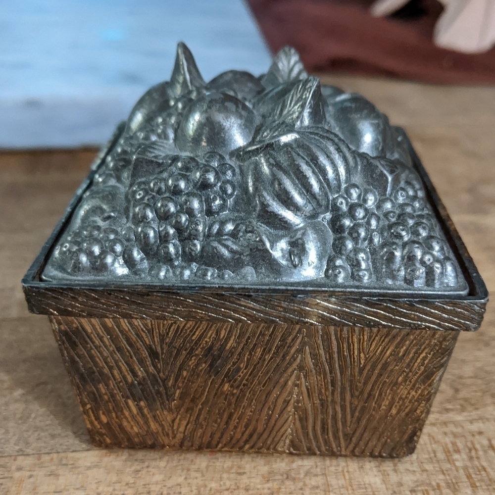 Vintage Decorative Metal Trinket Box with Fruit Basket Design Made in Japan